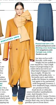  ??  ?? Pleated midi skirt, £35, (marksandsp­encer.com) Morning cross-body bag, £114 (angelaroi.com) Farleigh coat, £250, (boden.co.uk)