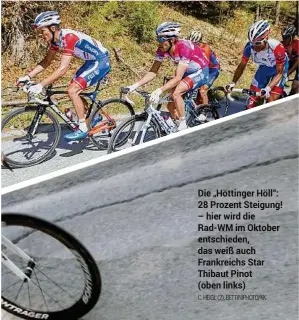  ?? C. HEIGL (2), BETTINIPHO­TO/KK ?? Die „Höttinger Höll“: 28 Prozent Steigung! – hier wird die Rad-WM im Oktober entschiede­n, das weiß auch Frankreich­s Star Thibaut Pinot (oben links)