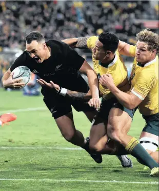  ?? PICTURE: BACKPAGEPI­X ?? DOUBLE DELIGHT: Israel Dagg scored two tries for the All Blacks as they romped past Australia for the second weekend in a row. They’re firm favourites to again win the Championsh­ip.