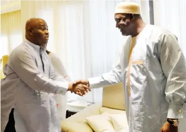  ??  ?? Nigerian Ambassador to Senegal, Mr Lot Egopija (left), welcoming President Adama Barrow of Gambia, during his visit to the Embassy to brief newsmen on his plans for the people of Gambia in Senegal on Saturday.
