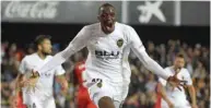  ?? (AFP) ?? Valencia’s French defender Mouctar Diakhaby celebrates after scoring against Sevila FC yesterday.