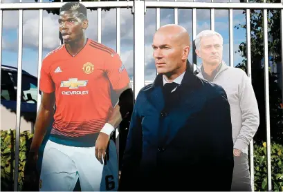  ??  ?? Life-size cut-outs of Paul Pogba, Zinedine Zidane and Jose Mourinho at Old Trafford prior to the victory over Newcastle