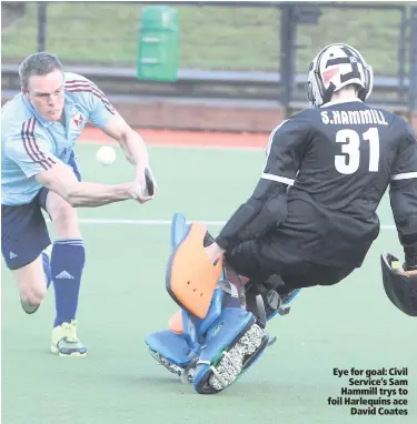  ??  ?? Eye for goal: Civil
Service’s Sam Hammill trys to foil Harlequins ace
David Coates