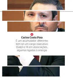  ??  ?? Carlos Costa Pina É um acumulador diferente: tem só um cargo executivo (Galp) e 14 em associaçõe­s, algumas ligadas à energia