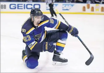  ?? [JEFF ROBERSON/THE ASSOCIATED PRESS] ?? St. Louis Blues right wing Dmitrij Jaskin celebrates after scoring a goal against the Nashville Predators during the second period in Game 5 of a second-round playoff series Friday in St. Louis. Penguins’ Crosby returns to practice: