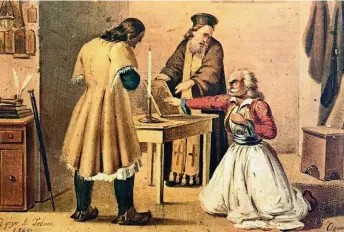  ??  ?? ‘The Oath of Initiation into the Society,’ as captured by Dionysios Tsokos in a 1849 painting.