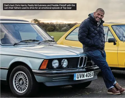  ??  ?? Dad’s taxi: Chris Harris, Paddy McGuinness and Freddie Flintoff with the cars their fathers used to drive for an emotional episode of Top Gear