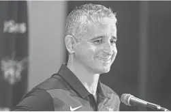  ??  ?? Suns coach Igor Kokoskov addresses the media at media day on Monday at Talking Stick Resort Arena.