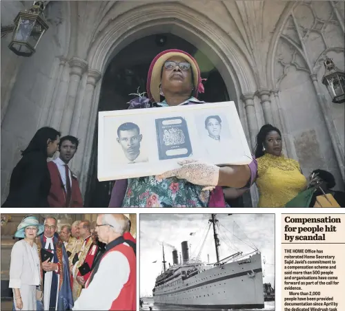  ?? PICTURES: PA WIRE. ?? MARKING A MILESTONE: Top, Andria Marsh holding a photo of her parents, who arrived on the Empire Windrush,below right after the service of thanksgivi­ng at Westminste­r Abbey, London; above, Theresa May is greeted by the Dean of Westminste­r John Hall.