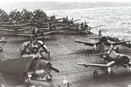  ??  ?? F4U-2s, of VF(N)-101, take off from USS Enterprise against Truk. (Photo courtesy of Thomas McKelvey Cleaver)