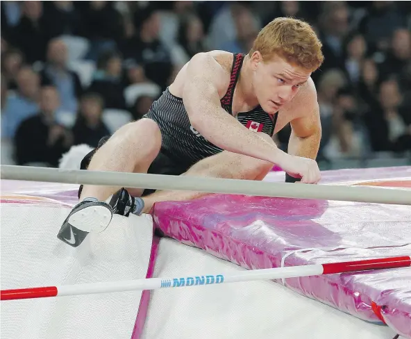  ?? — THE ASSOCIATED PRESS ?? Canada’s Shawn Barber did not have a great day in London Tuesday, failing to clear 5.75 metres in the men’s pole vault final at the world athletics championsh­ips, finishing well back of Sam Kendricks of the U.S., who won with a jump of 5.95 metres.