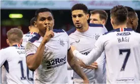  ??  ?? Alfredo Morelos celebrates scoring Rangers’ first goal in their 2-1 win over Aberdeen. Photograph: Stuart Wallace/BPI/Shuttersto­ck