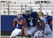  ?? (NWA Democrat-Gazette/J.T.Wampler) ?? Rogers quarterbac­k Chris Francisco completed 11 of 14 passes for 205 yards and 2 touchdowns in a half of a scrimmage against Harrison on Tuesday night at Whitey Smith Stadium in Rogers.