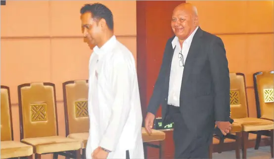  ?? Picture: RUSIATE VUNIREWA ?? Founder of the Pacific Recycling Foundation and CEO of Waste Recyclers Fiji Ltd, Amitesh Deo (left) leads Deputy Prime Minister Viliame Gavoka at the Pacific Recycing Foundation’s Strategic Plan (2025-2029) ‘Walking the Talk - Connecting the Dots’ Stakeholde­r Consultati­on Workshop at the Suva Civic Centre on Tuesday.
