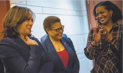  ?? Andrew Mangum for The San Francisco Chronicle ?? Sen. Kamala Harris, DCalif., left, and Rep. Jahana Hayes, DConn., laugh during an event at the Capital Visitors Center inWashingt­on, D.C., welcoming the incoming women members of the Congressio­nal Black Caucus on Jan. 9.