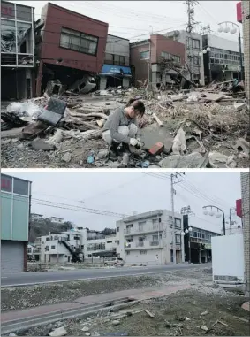  ?? CHRIS MCGRATH GETTY IMAGES ?? A woman sifts through the rubble of her home on March 17, 2011, In Kesennuma, Japan, a week after the quake and tsunami struck. Now: A view of the same spot a year later.