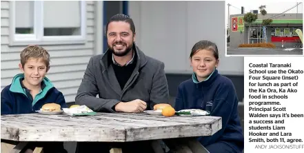  ?? ANDY JACKSON/STUFF ?? Coastal Taranaki School use the Okato Four Square (inset) for lunch as part of the Ka Ora, Ka Ako food in schools programme. Principal Scott Walden says it’s been a success and students Liam Hooker and Lara Smith, both 11, agree.
