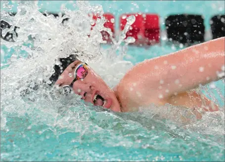  ?? DANA JENSEN/THE DAY ?? East Lyme’s Ryan Goolsbey swims to victory in the 200-yard freestyle, one of his two individual wins during Saturday’s Eastern Connecticu­t Conference championsh­p swim meet at UConn Avery Point in Groton.