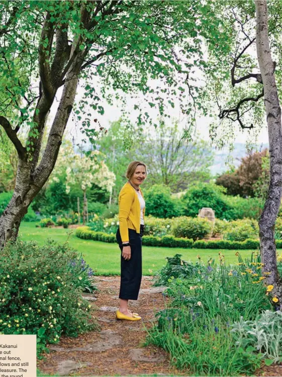  ??  ?? The view to the Kakanui Range drew Jane out through an original fence, past a line of willows and still gives her daily pleasure. The classic theme of the round garden is reinforced with simple plantings in white and yellow, bare silver birch trunks and rounded forms in the pots and obelisks.