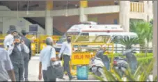  ?? RAJ K RAJ/HT PHOTO ?? An ambulance at the Rohini court in Delhi, hours after gangster Jitender Gogi was gunned down in a courtroom.