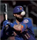  ?? JOHN BAZEMORE — THE ASSOCIATED PRESS ?? The Mets’ Kevin Pillar is hit in the face with a pitch from the Braves’ Jacob Webb during the seventh inning Monday.