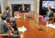  ?? (AFP) ?? US President Joe Biden (centre) speaks during a CEO summit on semiconduc­tor and supply chain resilience via video conference at the White House in Washington, DC on Monday