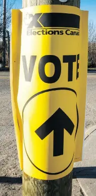  ?? JEFF MCINTOSH / THE CANADIAN PRESS FILES ?? A sign directs voters to a polling station for the 2015 federal election in Cremona, Alta.