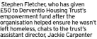  ??  ?? Stephen Fletcher, who has given £50 to Derventio Housing Trust’s empowermen­t fund after the organisati­on helped ensure he wasn’t left homeless, chats to the trust’s assistant director, Jackie Carpenter