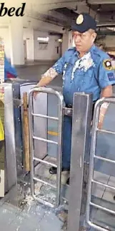  ??  ?? Photos provided by the EPD shows Chinese student Jiale Zhang getting her mug shot takenafter she was arrested for throwing taho, or soybean dessert, at PO1 William Cristobal (right)at the MRT 3 Boni Avenue station yesterday.