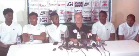  ??  ?? L-R: Ola Aina, Alex Iwobi, John Mikel Obi, Technical Adviser, Gernot Rohr, Odion Ighalo and Ikechukwu Ezenwa at Super Eagles briefing in Uyo yesterday ahead Saturday’s World Cup qualifier against Zambia