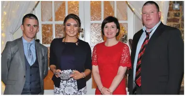  ??  ?? Sarah O’ Keeffe, Liscarroll AC and Davis College, who was a winner in the Youth Awards category, is pictured with guest of honour Rob Heffernan, Sinead O’ Connor of AIB, Mallow (Sponsors) and Neil Sexton (Mallow & District Sports and Leisure Awards...