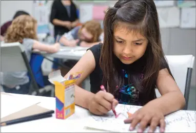  ?? RECORDER PHOTOS BY CHIEKO HARA ?? Kimo Cervantes, 7, uses crayons to add some color to her artwork Wednesday, Oct. 3, at an Art After School class at Portervill­e Art Associatio­n’s gallery on Main Street.