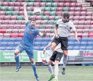  ?? John Rooney ?? Mike Burke heads home the opener in Widnes’s 3-1 win over Padiham at the Select Security Stadium last Saturday afternoon.