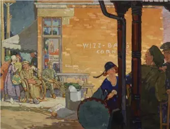  ?? BEAVERBROO­K COLLECTION OF WAR ART ?? Stanley Francis Turner’s painting A War Record depicts wounded veterans outside the orthopedic hospital at Yonge St. and Davisville Ave.