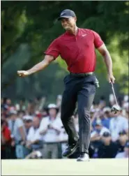  ?? BRYNN ANDERSON — THE ASSOCIATED PRESS ?? Tiger Woods celebrates after making a birdie putt on the 18th green during the final round of the PGA Championsh­ip golf tournament at Bellerive Country Club, Sunday in St. Louis.