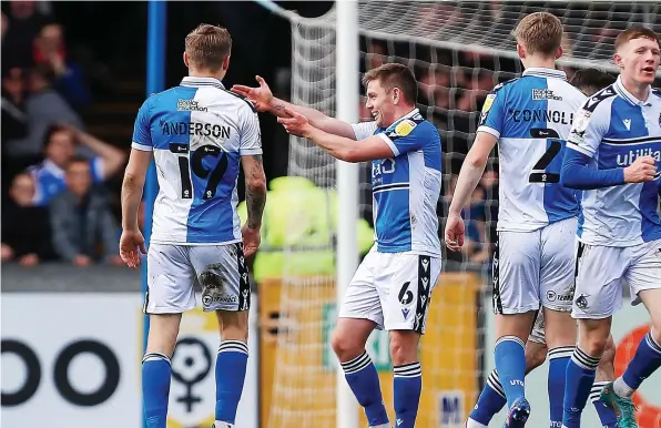  ?? ?? Sam Finley celebrates scoring Bristol Rovers’ equaliser in Saturday’s League Two game against Bradford at the Memorial Stadium