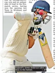  ?? — AP ?? England’s James Anderson takes a blow to the helmet.