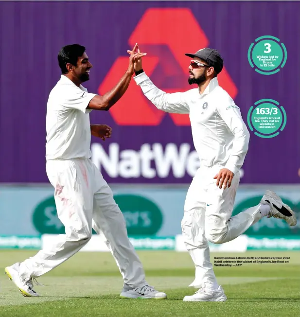  ?? AFP ?? Ravichandr­an Ashwin (left) and India’s captain Virat Kohli celebrate the wicket of England’s Joe Root on Wednesday. —