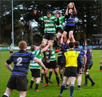  ??  ?? Wexford Wanderers winning possession from a line-out in the home win against Balbriggan.