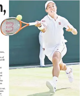  ??  ?? Japan’s Kei Nishikori returns against Spain’s Roberto Bautista Agut during their men’s singles third round match on the fifth day of the 2017 Wimbledon Championsh­ips at The All England Lawn Tennis Club in Wimbledon, southwest London. — AFP