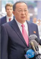  ?? RICHARD DREW/ASSOCIATED PRESS ?? North Korea’s Foreign Minister Ri Yong Ho speaks outside the U.N. Plaza hotel in New York, Monday. He says Trump has declared war on his country.