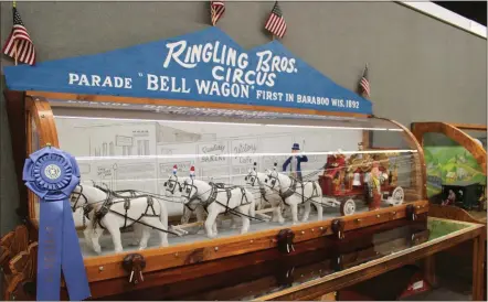  ?? Severo Avila ?? A blue ribbon indicates that this replica of a Ringling Bros. Circus horse-drawn wagon making its way down Broad Street won first place at the Coosa Valley Fair. This is just one piece in a remarkable exhibit now on display at the Rome Area History Center. It features the work of longtime Coosa resident Aaron Chastain.