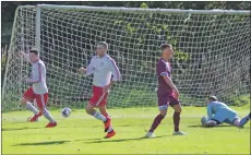  ??  ?? James Ford and Craig MacEwan wheel away after James had netted a well taken third goal for Saints.