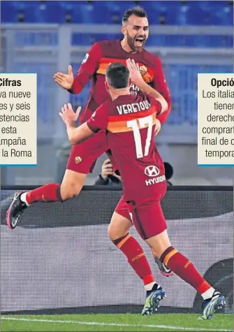  ??  ?? Borja Mayoral celebra el gol que marcó el domingo en la victoria de la Roma ante el Hellas Verona (3-1). Era el tercero de su equipo. Antes había dado la asistencia para que Mkhitaryan hiciera el segundo.