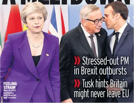  ??  ?? FEELING STRAIN May at G20 yesterday with Macron and Juncker