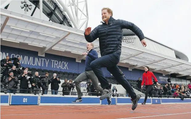  ?? ALASTAIR GRANT / AFP / GETTY IMAGES ?? Prince Harry, centre, takes part in a charity event with Prince William and Catherine, Duchess of Cambridge, on Sunday. Harry’s romance with the American actress Meghan Markle is just the latest in a long line of aristocrat­ic transatlan­tic liaisons to...