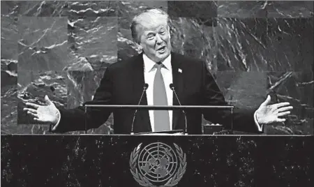  ?? RICHARD DREW/AP ?? President Trump addresses delegates Tuesday at the U.N. General Assembly in New York.