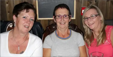  ??  ?? Bernie Dunbar, Mary Lawlor and Heather Sadler at the tribute night to the late Demot Kelly in Mary Barry’s Pub, Kilmore.