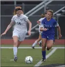  ?? PETE BANNAN - MEDIANEWS GROUP ?? Strath Haven’s Maggie Forbes, left, defended by Villa Joseph Marie’s Emily Borell during the 2019 District 1 Class 3A final, made the most of an abbreviate­d senior season, scoring seven goals and six assists to be voted by Central League coaches as the co-MVP.