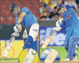  ??  ?? Earlier, the bat had more wood only close to the sweet spot. Now, the bottom of Dhoni’s blade is more round and has more wood. More wood at the bottom helps in getting more elevation in shots and generate more power. Dhoni’s bat weighs around 1150 gms.